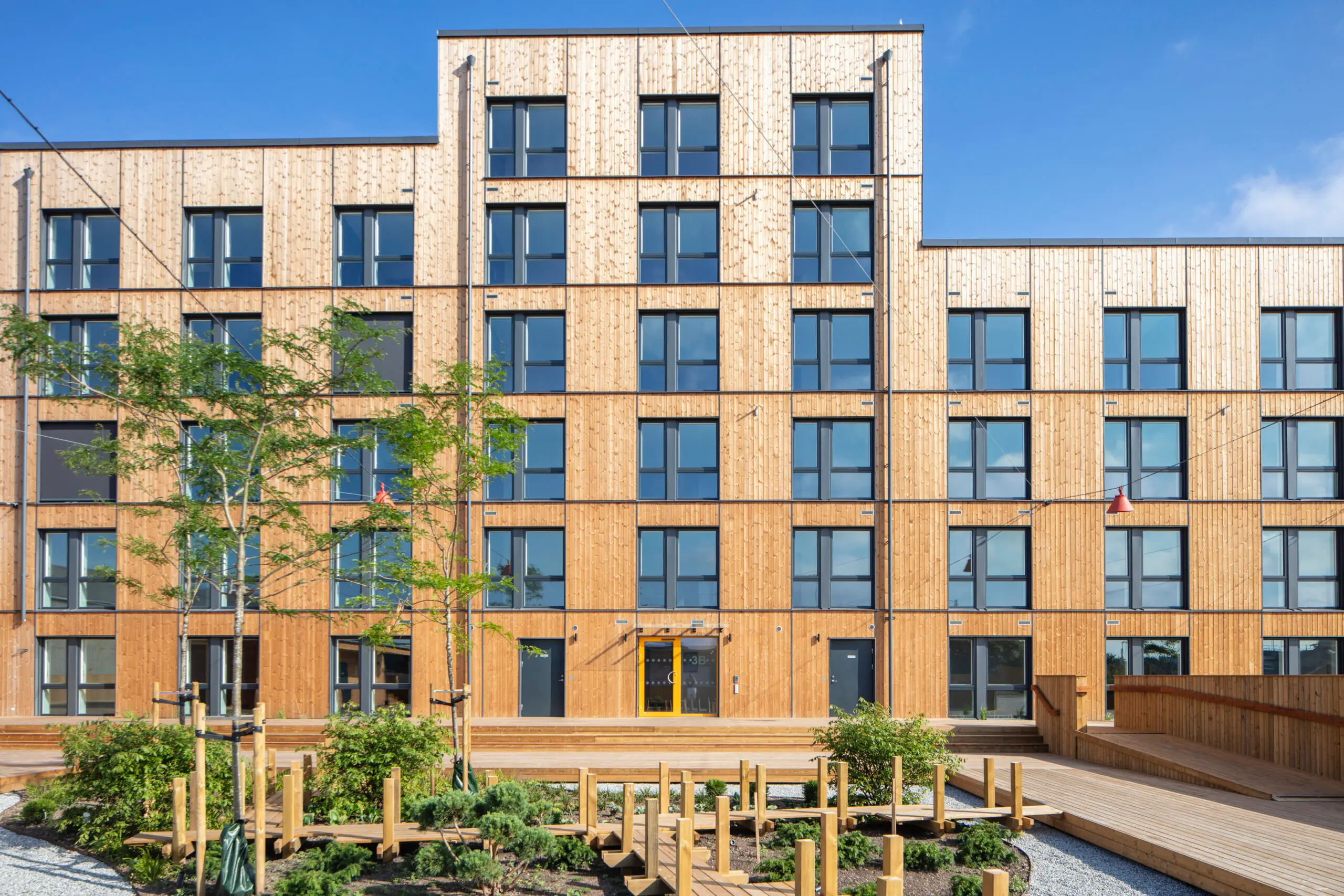 Apartment building with a timber facade and a planted courtyard